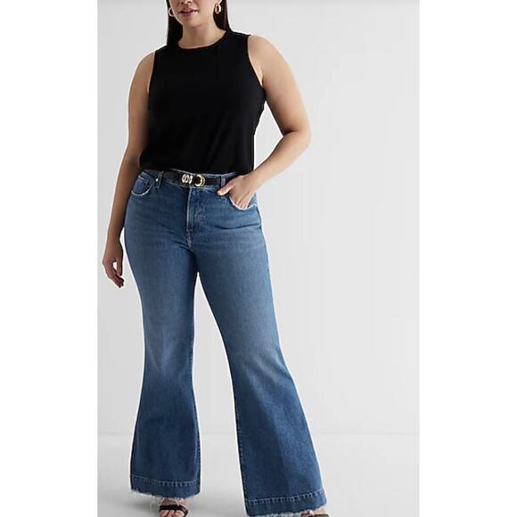 Express Woman Mid Rise Medium Wash Raw Hem '70s Flare Jeans, 14 R - Picture 1 of 11
